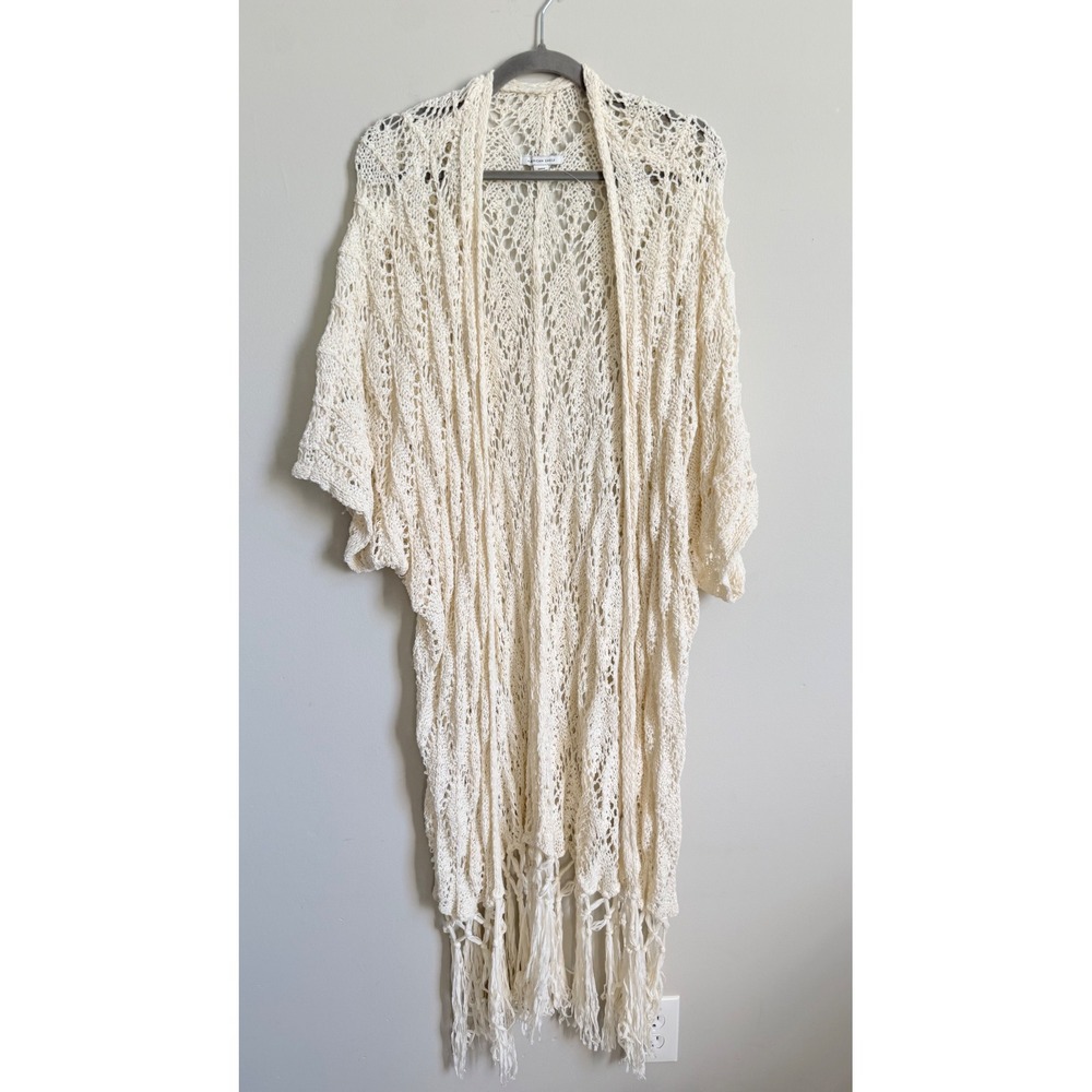 American Eagle Crochet Knit Cardigan Duster Cream Boho Fringe Kimono Womens M